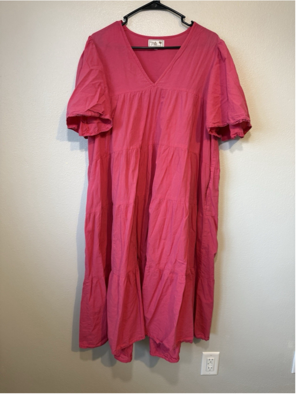 Mille Pink Cotton Tiered Maxi Dress Large Puff Sleeve Cottagecore